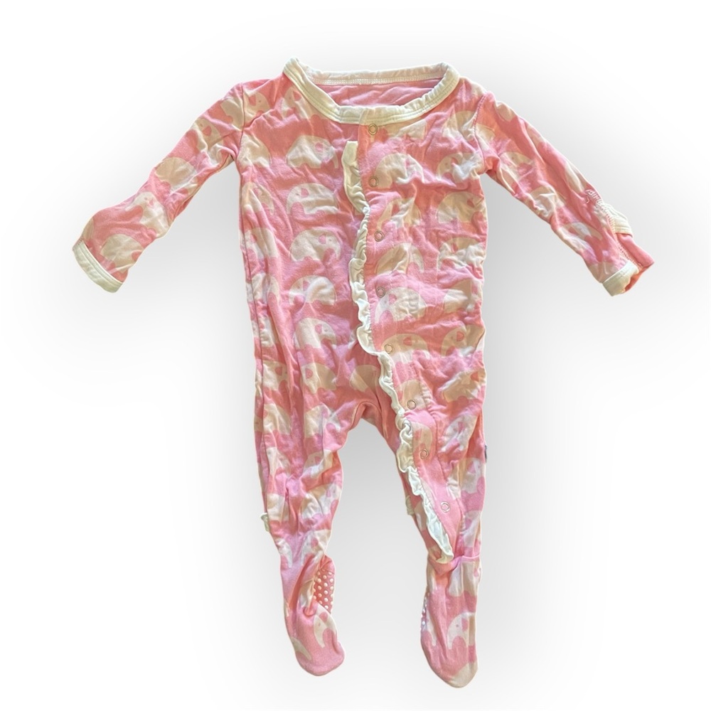 KICKEE PANTS Pink Elephant Print Ruffle Footie Pajamas | 3-6 Months Baby Girl